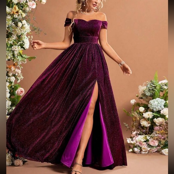 Luxe purple off shoulder glitter party formal evening gown dress - Picture 5 of 11